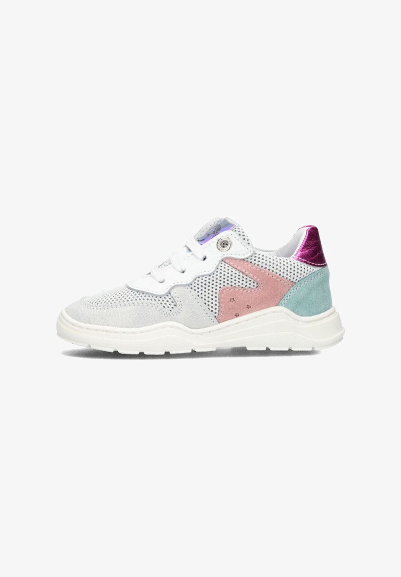 White mesh and suede sneaker featuring pink and turquoise accents, shiny purple heel, and white rubber sole with textured tread.