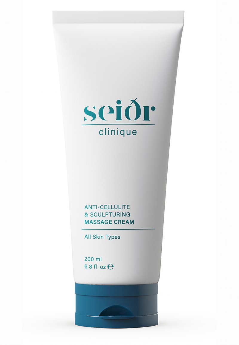 Hvit tube med en blågrønn kork med teksten "seidor clinique," "ANTI-CELLULITE & SCULPTURING MASSASJEKREM," og "200 ml."