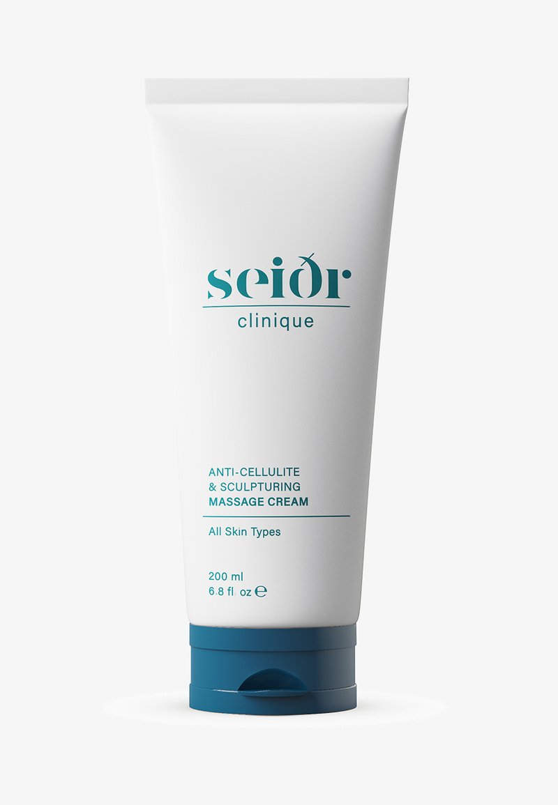 Hvit tube med en blågrønn kork med teksten "seidor clinique," "ANTI-CELLULITE & SCULPTURING MASSASJEKREM," og "200 ml."