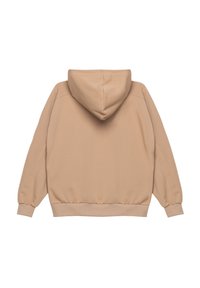 Beżowy dres z kapturem, z ściągaczami przy rękawach i u dołu. Miękka, teksturowana tkanina o luźnym kroju. Widok z tyłu pokazuje kaptur oraz szczegóły szwów.