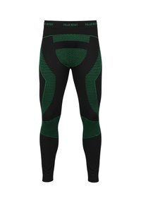 Black leggings with green accents, featuring a geometric pattern and striped texture along the sides and waistband.