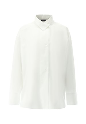 Weißes Langarmhemd mit klassischem Kragen, glatter Textur und Knopfleiste. Hat eine lockere Passform und Seitennahtdetails.