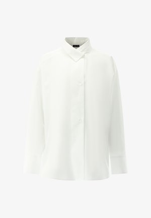 Weißes Langarmhemd mit klassischem Kragen, glatter Textur und Knopfleiste. Hat eine lockere Passform und Seitennahtdetails.