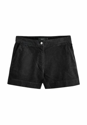 Black corduroy shorts featuring a button closure, two side pockets, and a smooth texture. The design is simple and straight-cut.
