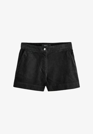 Černé kordové šortky s knoflíkovým zapínáním, dvěma bočními kapsami a hladkou texturou. Design je jednoduchý a rovného střihu.