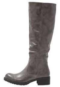 Stivale grigio alto fino al ginocchio realizzato in materiale sintetico liscio, con punta arrotondata, tacco leggero e cuciture sottili lungo il lato.