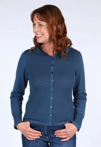 Kapuzensweatshirt in Dunkelblau mit strukturiertem Strickmuster auf der Vorderseite, Knopfverschluss, langen Ärmeln und glattem Rücken.