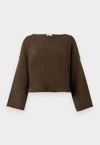 Suéter castanho cortado com decote largo, mangas longas e uma textura suave. Design simples e despretensioso, adequado para várias combinações de roupas.