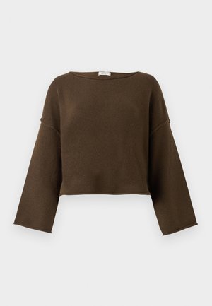 Καφέ κοντό πουλόβερ με φαρδύ λαιμόκοψη, μακριά μανίκια και απαλή υφή. Απλός, αδιάκοπος σχεδιασμός, κατάλληλος για διάφορους συνδυασμούς ενδυμάτων.