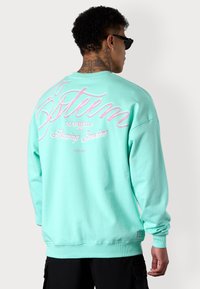 Mint green sweatshirt with long sleeves, featuring large pink text on the back, ribbed cuffs, and a standard crew neckline.