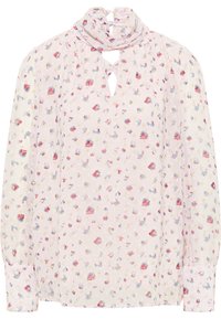 Blomstret bluse i let pink stof med flerfarvede blomstermotiver. Den har en nøglehuludskæring og lange ærmer med manchetter.