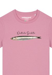 Rosa Baumwoll-T-Shirt mit einem Grafikmotiv einer Sardine und dem Text "Niedliche Sardelle" in einer lässigen Schriftart. Klassisches Rundhals-Design.
