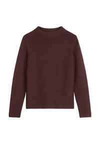 Donker bordeauxrood sweater met lange mouwen, een hoge halslijn en een textuurgebreide stof. Kenmerkt zich door een boxy silhouet met een nette afwerking.
