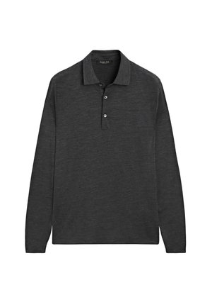 Polo shirt a maniche lunghe grigio scuro con due bottoni e colletto, texture liscia, disteso su uno sfondo bianco.