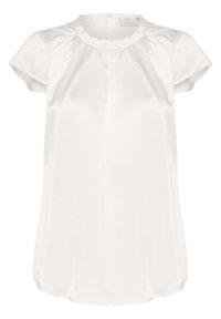 White short-sleeve blouse made from lightweight fabric, featuring a round neckline and subtle pleats across the front for added texture.