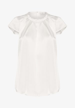 Witte blouse met korte mouwen, gemaakt van lichtgewicht stof. De blouse heeft een ronde halslijn en subtiele plooien aan de voorkant voor extra textuur.