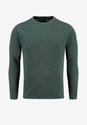 Dunkelgrüner Pullover mit langen Ärmeln, der ein strukturiertes Strickmuster, einen runden Ausschnitt und Raglanärmel aufweist, mit einer taillierten Silhouette.