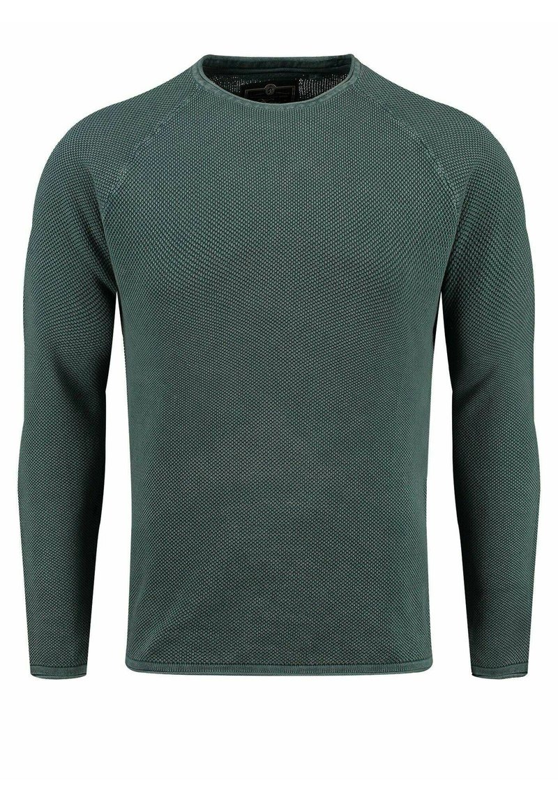 Dunkelgrüner Pullover mit langen Ärmeln, der ein strukturiertes Strickmuster, einen runden Ausschnitt und Raglanärmel aufweist, mit einer taillierten Silhouette.