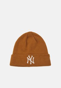 Brown knit beanie featuring a folded cuff and white embroidered logo on the front. Smooth texture and simple design, suitable for cold weather.