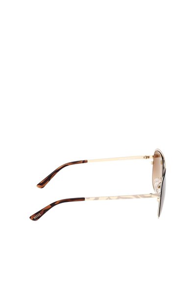 Braunfarbene Sonnenbrille mit goldener Metallfassung, braunen Verlaufslinsen und gemusterten Acetatbügeln. Leichtes Design mit verstellbaren Nasenpolstern.
