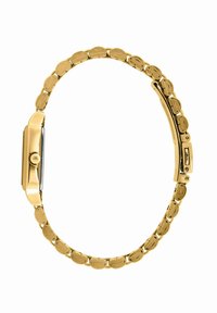 L'orologio dorato presenta un case rettangolare, un bracciale testurizzato con anelli ovali e una corona. Il vetro è nero, bordato da una cornice di oro lucido.