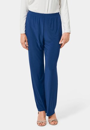 Navy blauwe, lichte, elastische broek met een rechte pijp, met een soepele textuur en een relaxte fit.