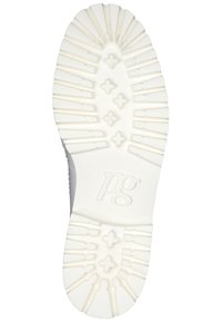 Witte rubberen sneakerzool met een gestructureerd loopvlak, gekenmerkt door horizontale groeven en stervormige accenten. Geëmbossed "pg" logo nabij de hiel.