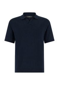 Polo à manches courtes bleu marine avec col et poignets côtelés, présentant une petite ouverture en V sans boutons.