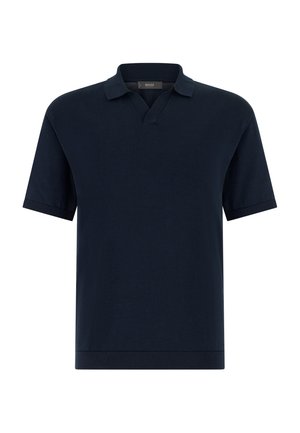 Polo a maniche corte blu navy con colletto e polsini a costine, con una piccola apertura a V senza bottoni.