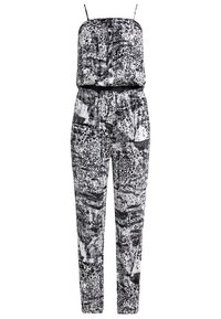 Combinaison à motifs noir et blanc avec bretelles spaghetti, taille élastique et coupe ample ; présente des motifs abstraits et un tissu texturé.