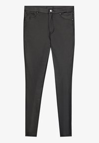 Black denim skinny jeans featuring a classic five-pocket design, metal button closure, and subtle stitching details. Smooth texture.