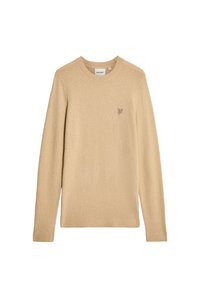 Maglione beige con scollo rotondo, maniche lunghe, texture morbida e un piccolo logo ricamato sul petto. Design semplice e minimal.