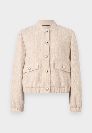 Cremefarbener Tweed-Bomberjacke mit runden, gerippten Kragen, silbernen Knöpfen, zwei vorderen Taschen sowie gerippten Bündchen und Saum.