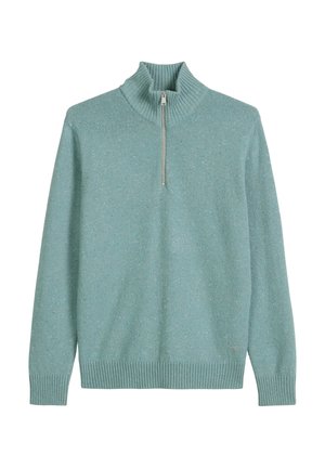 Light teal sweater with a high collar and half-zip closure. Made from textured knit fabric, featuring ribbed cuffs and hem.