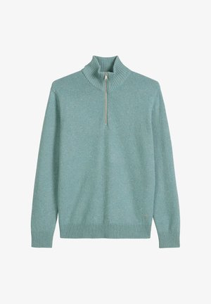 Jasnozielony sweter z wysokim kołnierzem i suwakiem na pół zamek. Wykonany z strukturalnej dzianiny, z prążkowanymi mankietami i dolnym brzegiem.