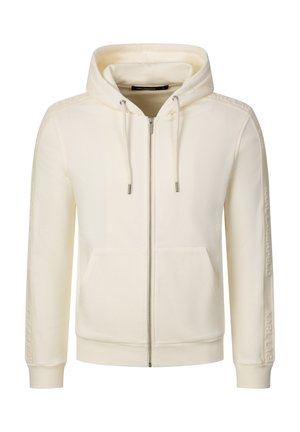 Cremefarbener Kapuzenpullover mit Reißverschluss, Fronttaschen, Kordelzug an der Kapuze und dezentem Schriftzug auf den Ärmeln.