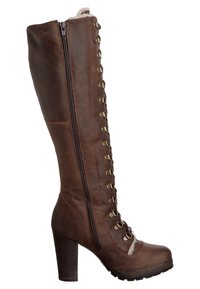 Braune Leder-Stiefel bis zum Knie mit strukturierter Oberfläche, seitlichem Reißverschluss und Schnürung vorne. Verfügt über einen stabilen Absatz und ein Futter aus Kunstfell an der Oberseite.