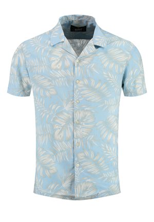 Lichtblauwe short-sleeve shirt met een bladpatroon in wit en lichtgrijs, met een klassieke kraag en knopen aan de voorkant.