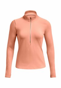 Langärmliges Oberteil mit Reißverschlusskragen aus weichem Korallstoff, das eine taillierte Passform mit glatter Textur und minimalen Nähten aufweist.