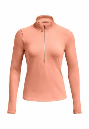 T-shirt à manches longues avec fermeture éclair en tissu corail doux, présentant un design ajusté, une texture lisse et des coutures minimales.