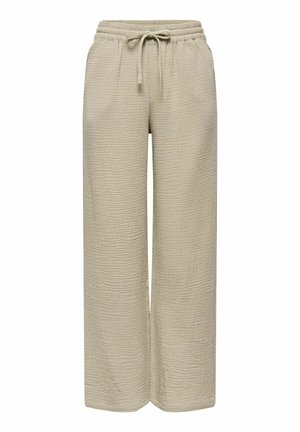 Beige teksturerede bukser med vide ben, elastisk talje og snøre foran, designet til afslappet komfort.