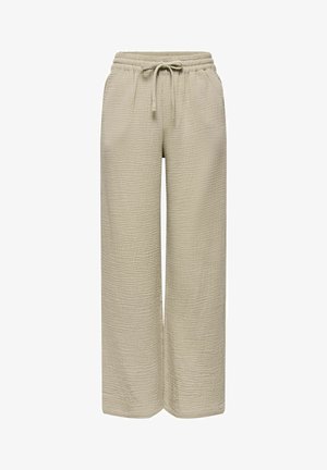 Beeži tekstuuriga laia säärega püksid, millel on elastne vöökoht ja ees nöör, mõeldud mugavaks igapäevaseks kandmiseks.