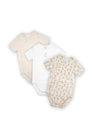 Drei kurzärmlige Babybodys: beige gestreift, weiß mit kleinem Hasenmotiv und beige mit mehreren Hasenskizzen.