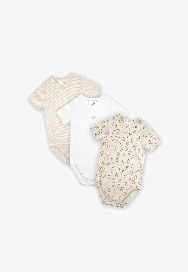 Tre body per neonati a maniche corte: a righe beige, bianco con un piccolo coniglio, e beige con molteplici schizzi di conigli.