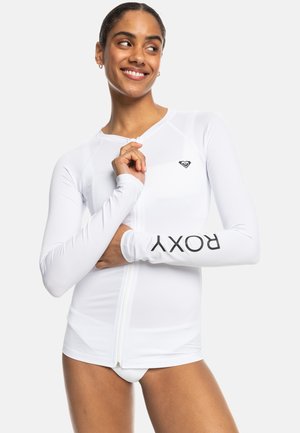 White long-sleeve zip-up rash guard featuring a logo on the chest and sleeve. Made of smooth, stretchy fabric, designed for water activities.