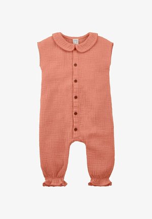Tutina per neonati senza maniche di colore rosa corallo, con bottoni sul davanti, colletto alla Peter Pan, tessuto testurizzato e polsini arricciati alla caviglia.