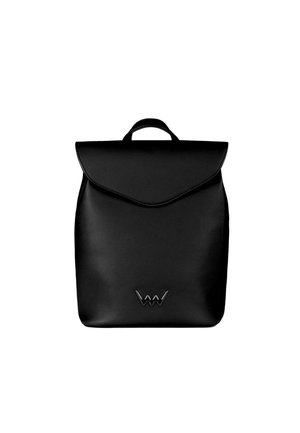 Black leather backpack with a flap and a top handle. Features a smooth texture and a logo embossed on the front. Simple, rectangular design.