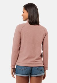 Pullover a maniche lunghe rosa chiaro in tessuto testurizzato, con colletto alto e maniche raglan, indossato con pantaloni di jeans corti.