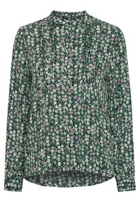 Blusa floreale con sfondo nero e fiori verdi, viola e bianchi. Maniche lunghe, colletto alto e design con pieghe frontali.