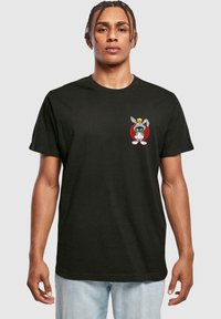 Black cotton t-shirt with a crew neck and short sleeves, featuring a colorful animated character graphic on the chest.